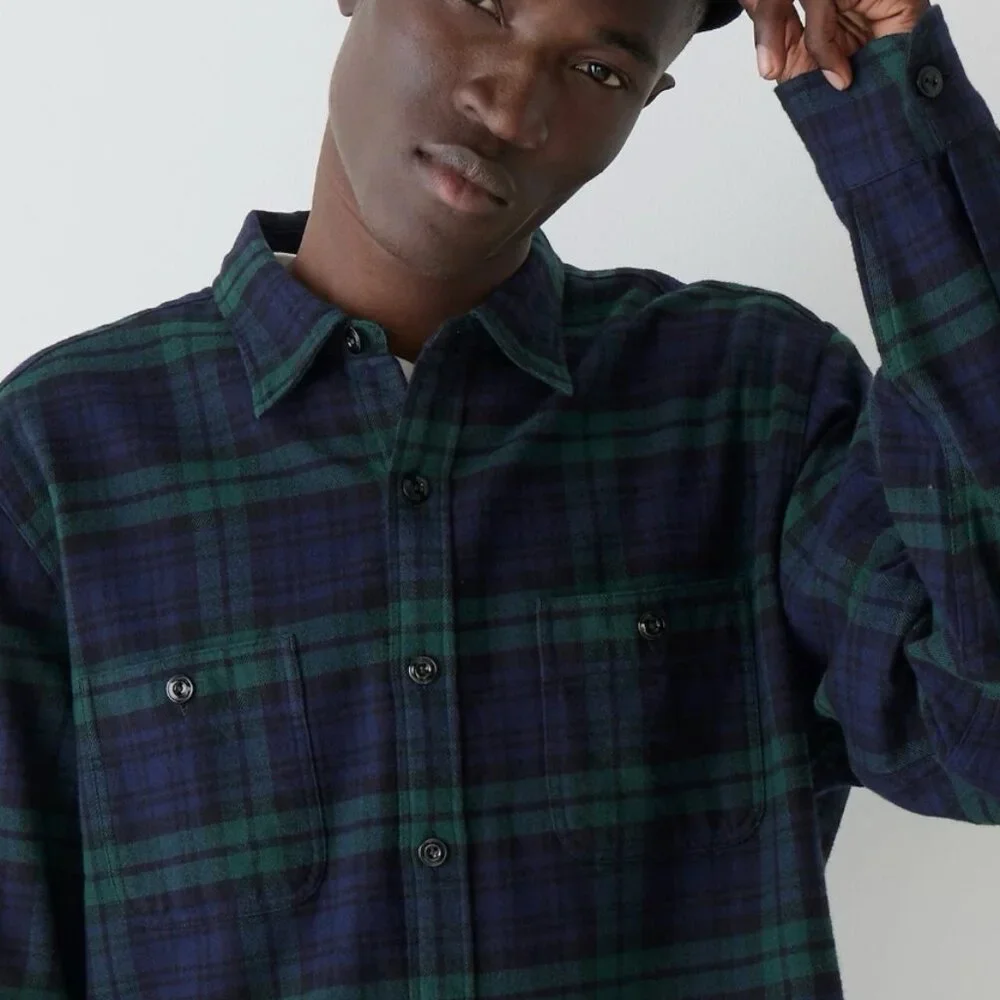 J. Crew Men's Green & Navy Slim Midweight Flannel Shirt in Watch Tartan - Size M